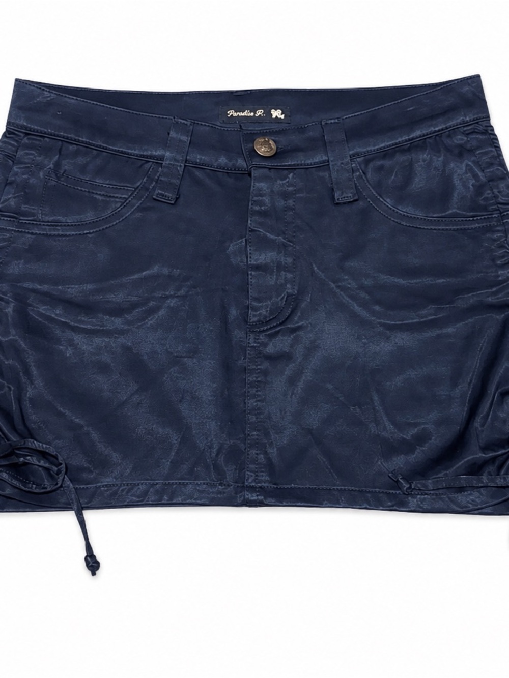 Frankie B Y2K Navy Rutched Side Tie Mini Skirt Low Rise Stretch Utility Skirt - Picture 7 of 7